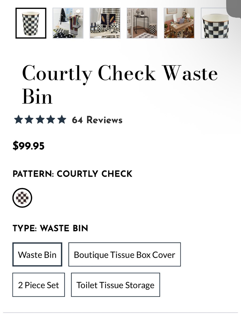 MacKenzie-Childs Courtly Check Waste Bin - Black and White - Picture 2 of 7